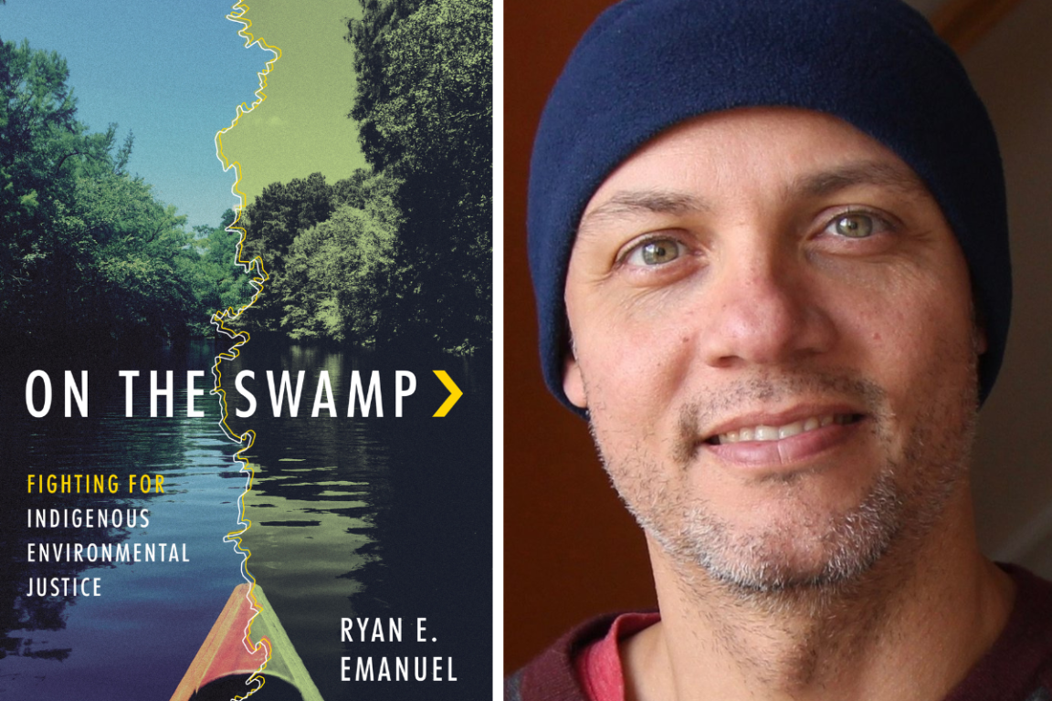 picture of Dr. Ryan Emanuel and cover from his book On the Swamp