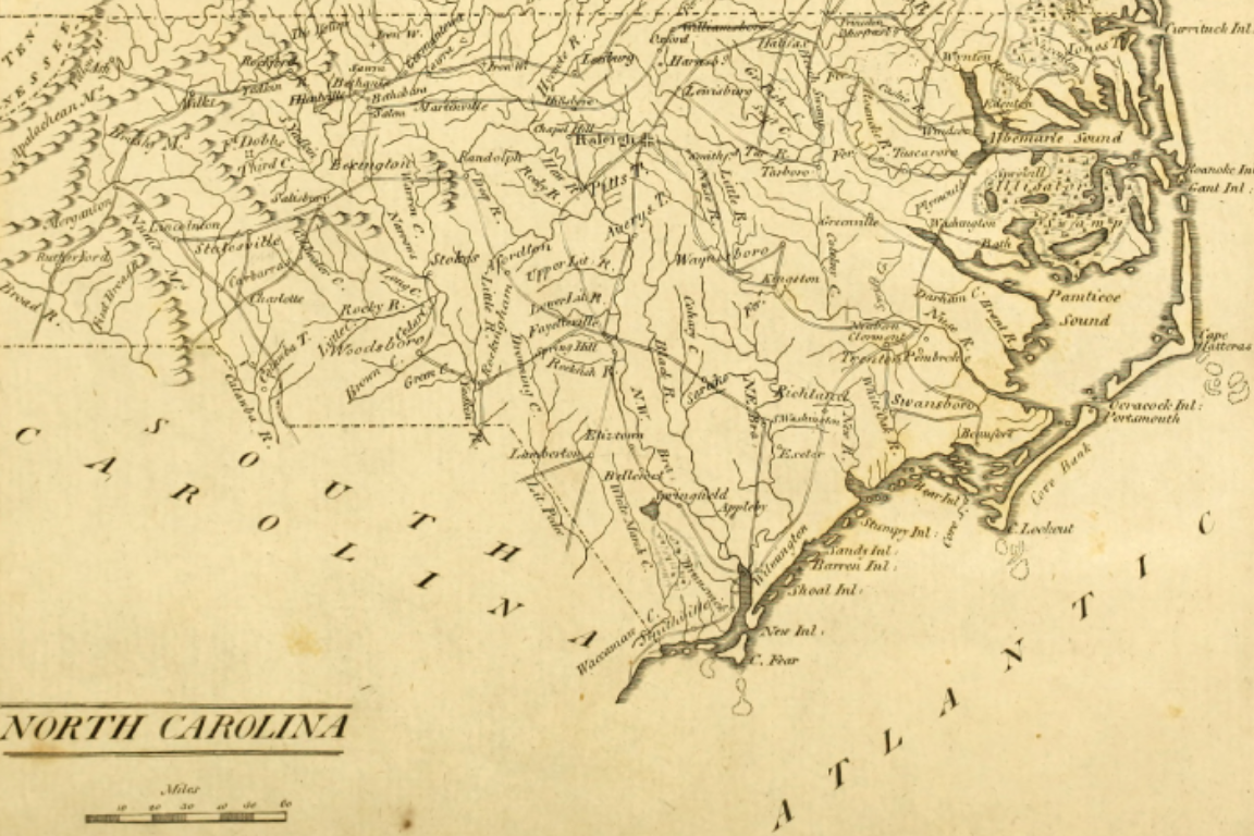 Vintage, illustrated map of North Carolina