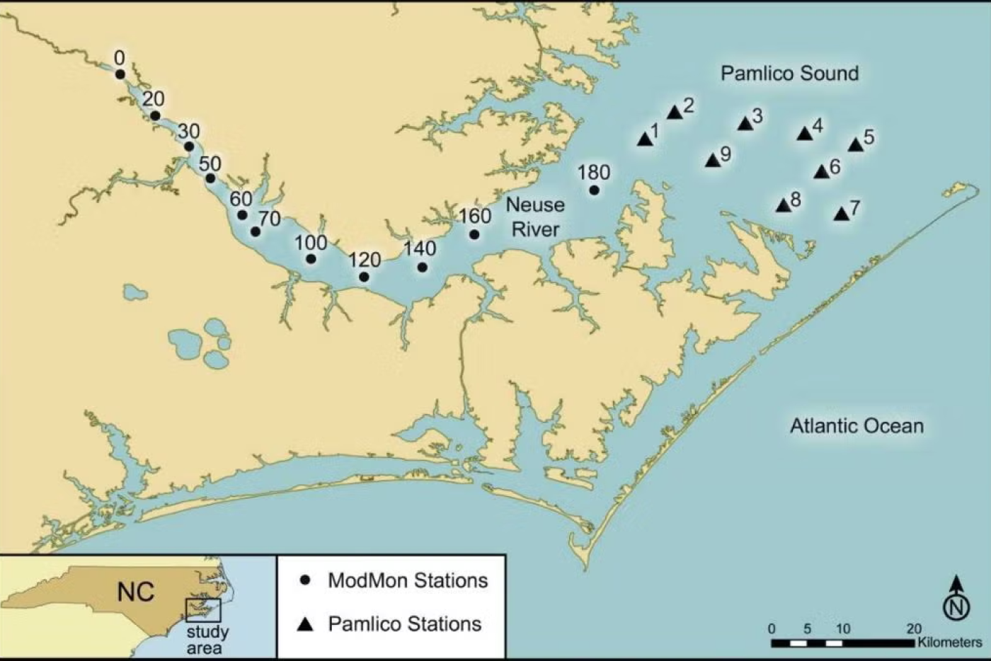 Map of monitoring stations across Neuse and Pamlico