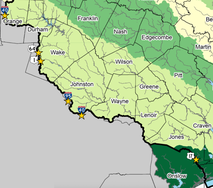 A map of the APNEP region with six stars noting the general locations of the APNEP highway signs.