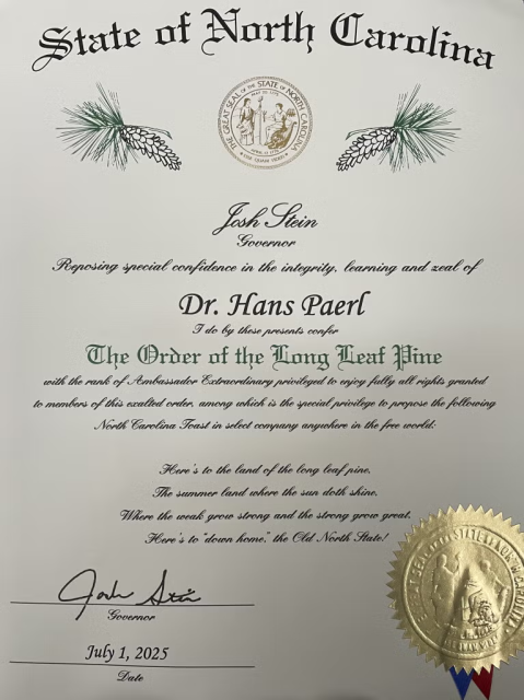 Certificate for Hans Paerl, Long Leaf Pine Award