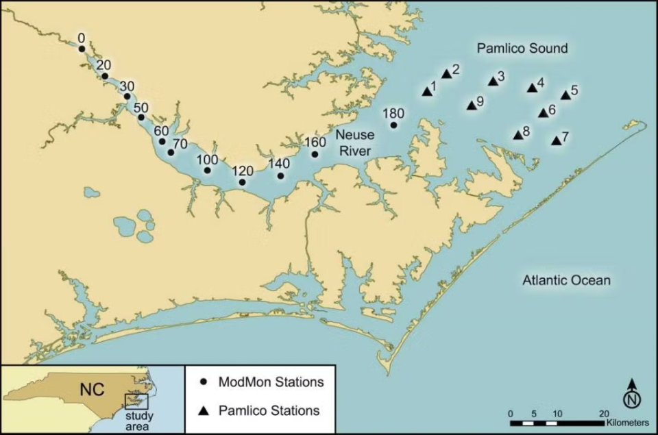 Map of monitoring stations across Neuse and Pamlico
