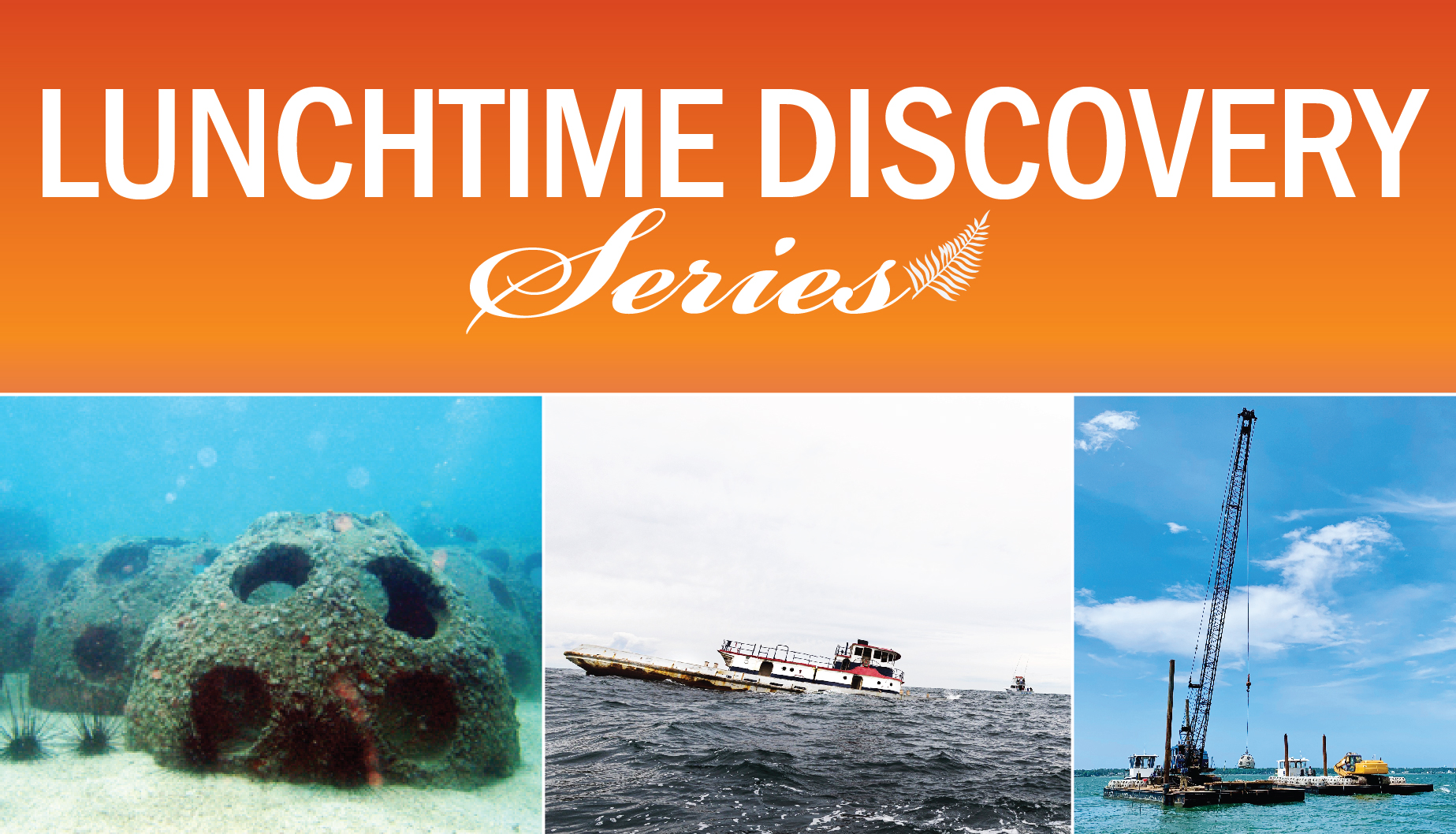 Left: artificial reef; Middle: photo of ship: right: photo of ship placing a reef in the ocean
