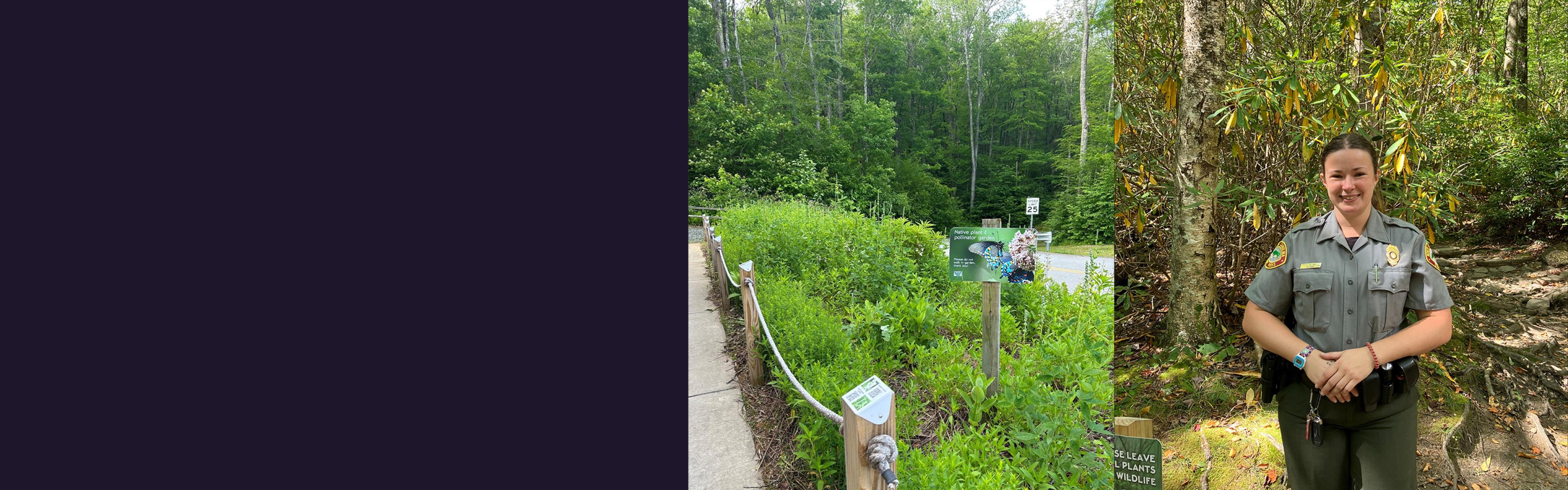 photo of the pollinator garden, Amelia Gallina in her ranger uniform