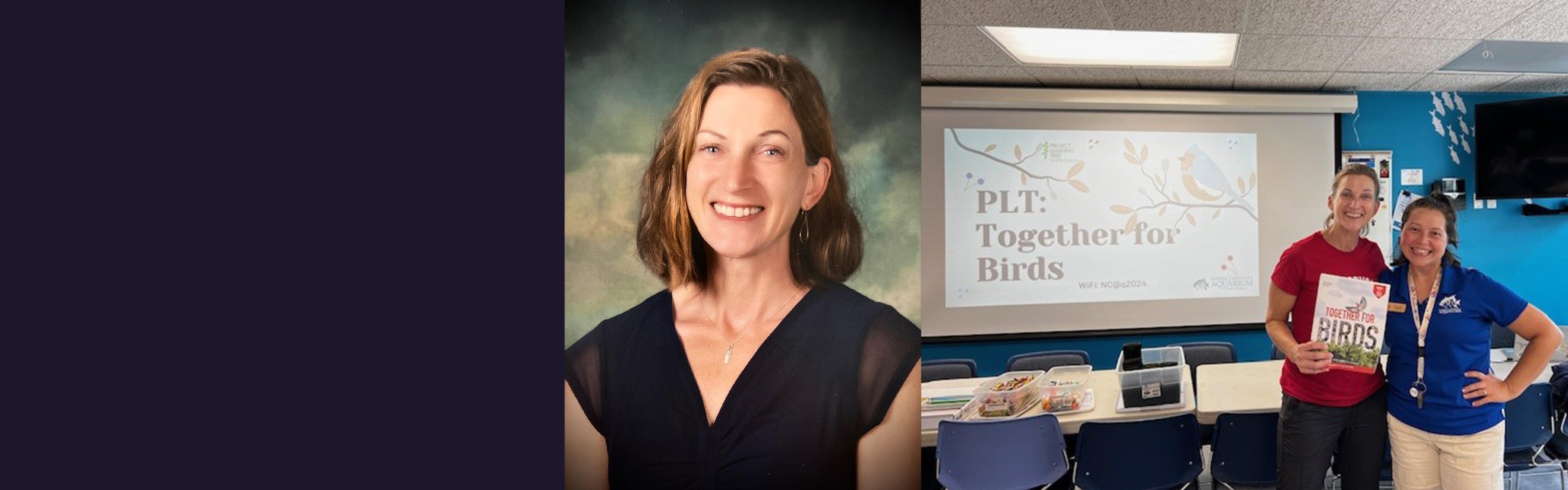 Wendi Pillars headshot and in the classroom with an educator from the NC Aquarium 