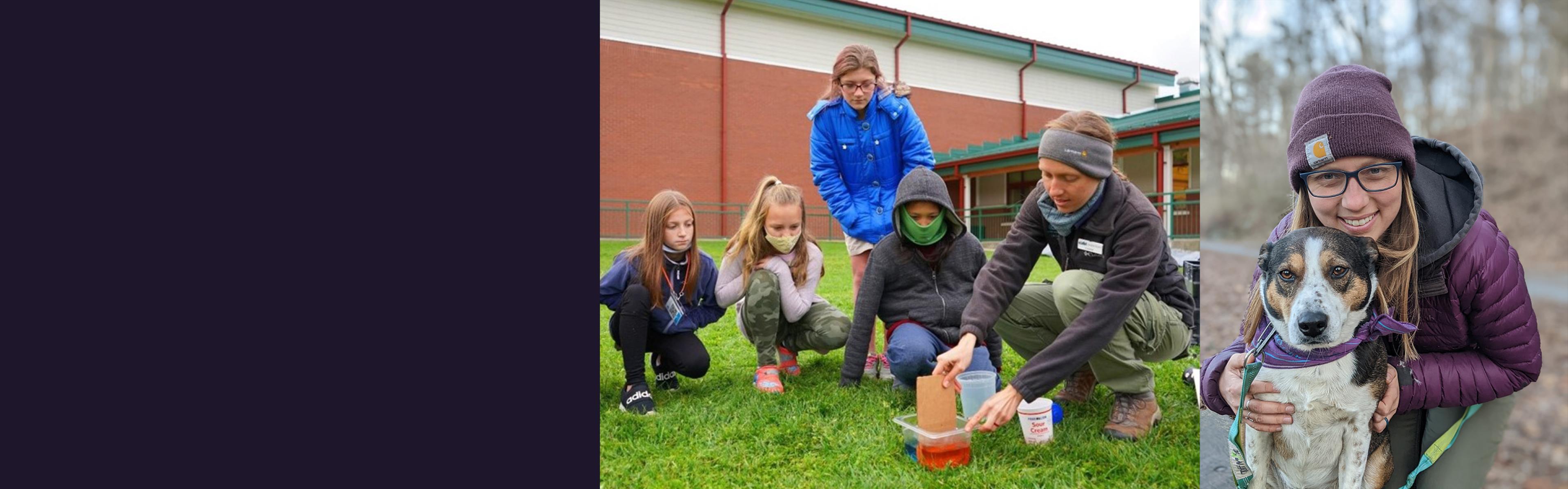 Cassie Payne with a group of students and with her dog