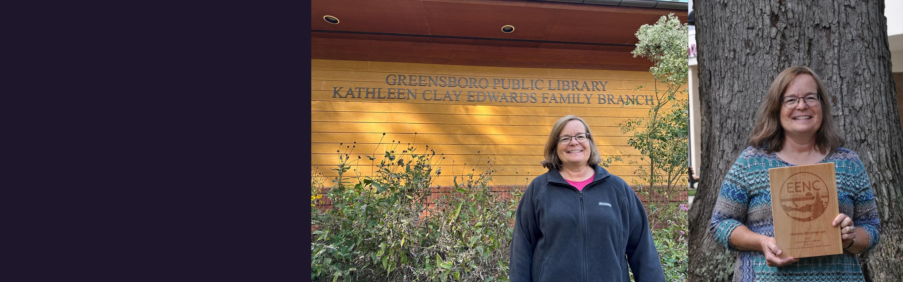 Melanie Buckingham in front of library and holding EENC award