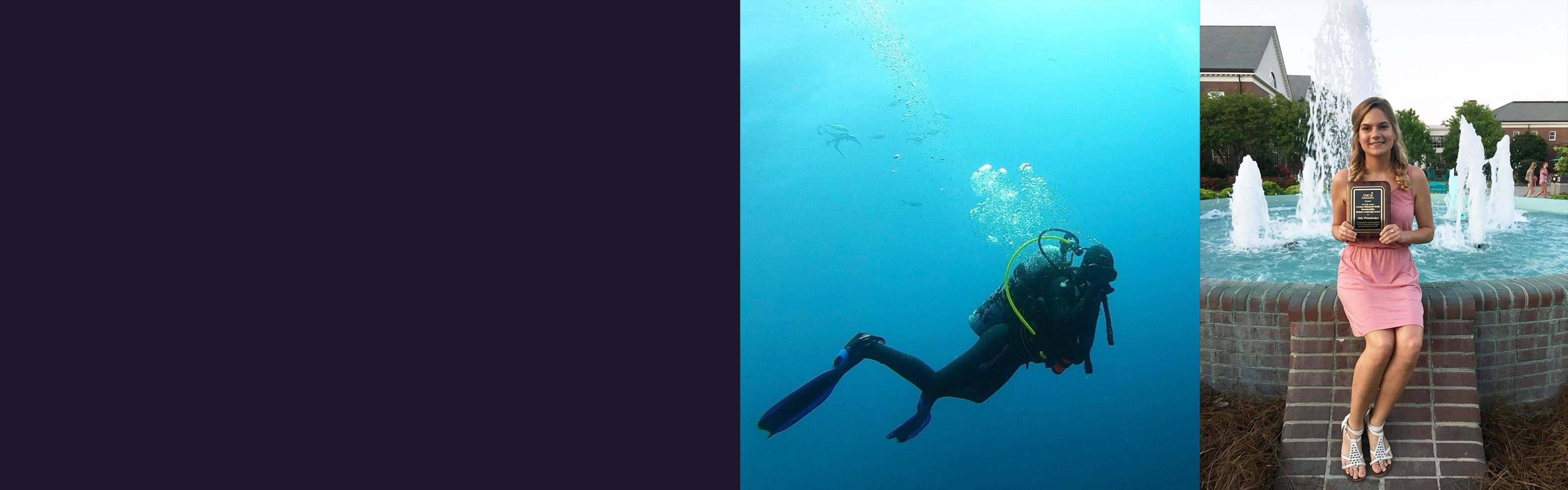 Abby Weinshenker scuba diving and with her NCWF award 