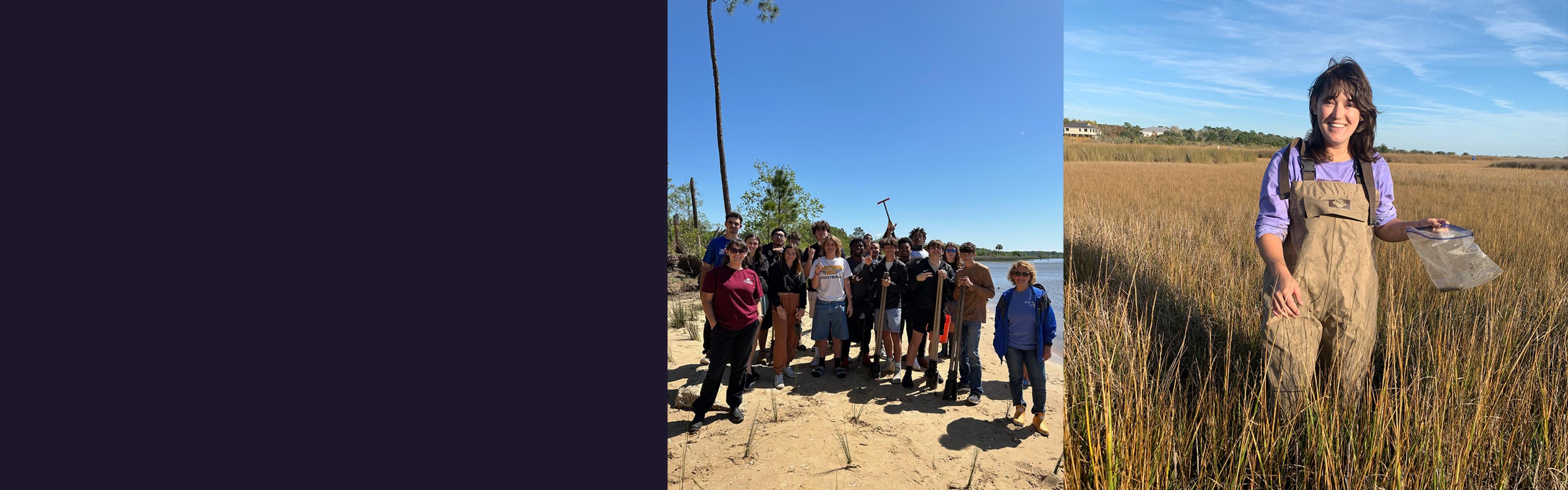 Nora Skinner in field and with students doing marsh restoration
