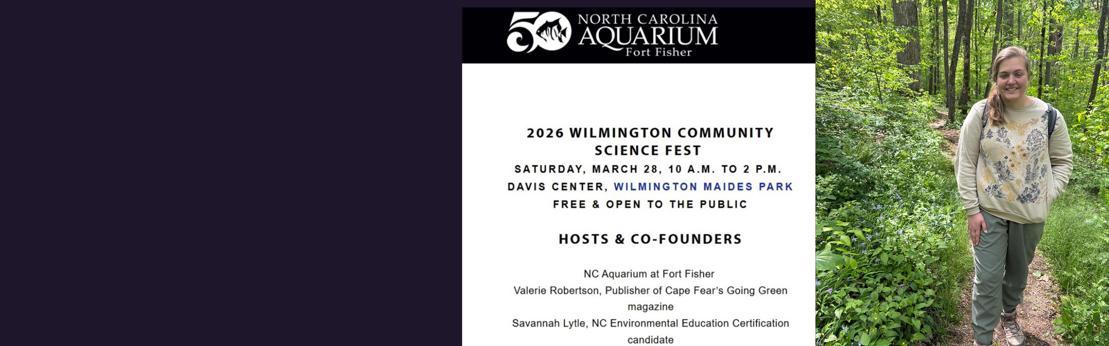 Savannah Lytle on a trail, announcement for science festival