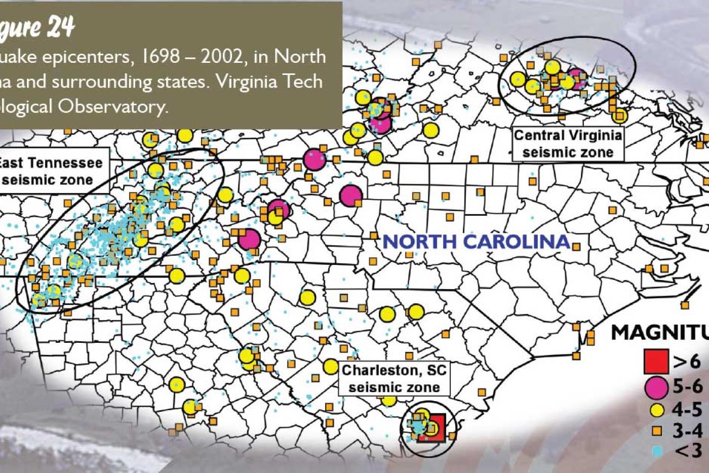 North Carolina and region earthquake epicenters 1698-2002.
