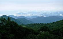Hazy blue ridge mountains profile with green trees in front and blue tinted skies.