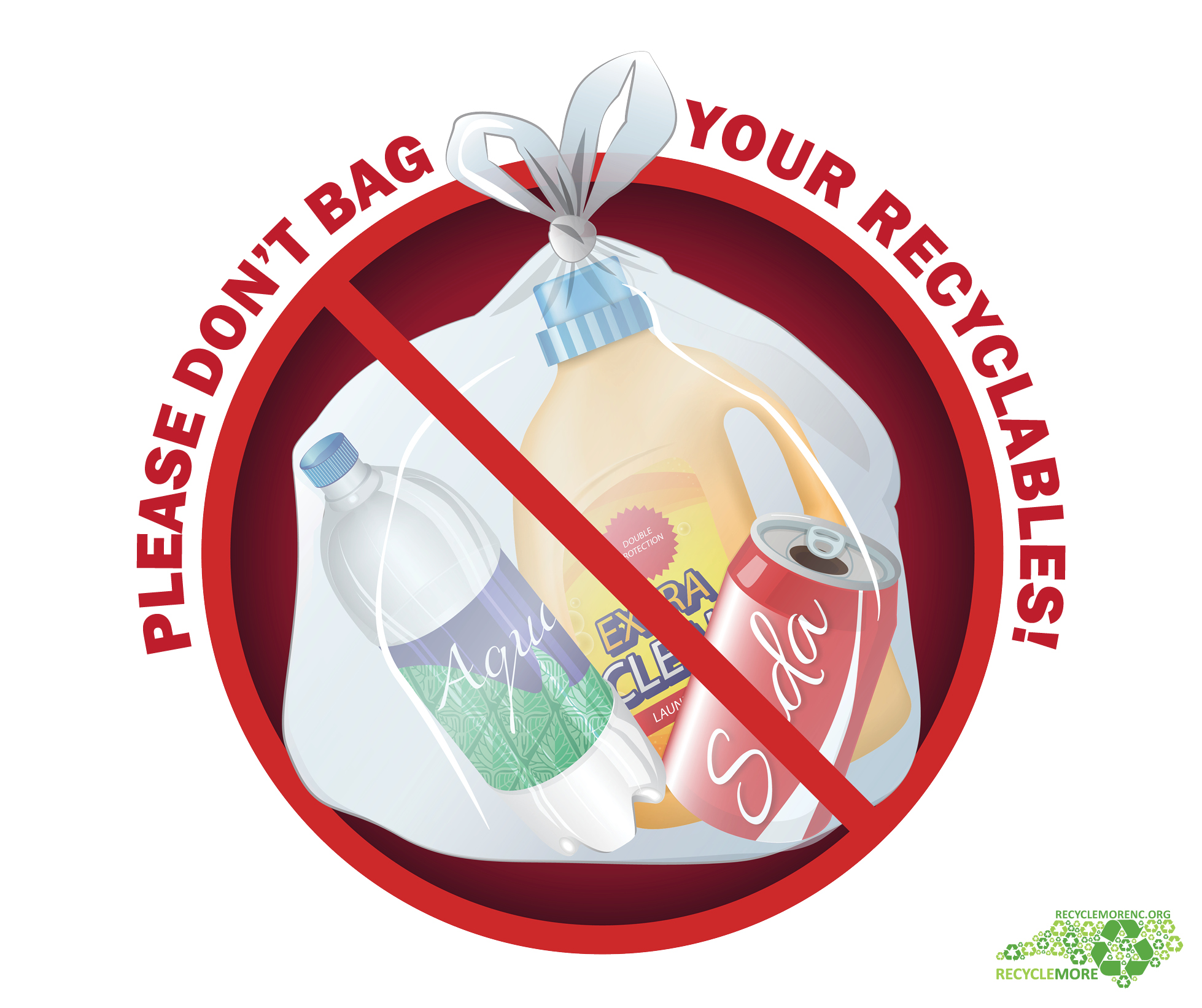 Bagged recyclables with a red line through it 