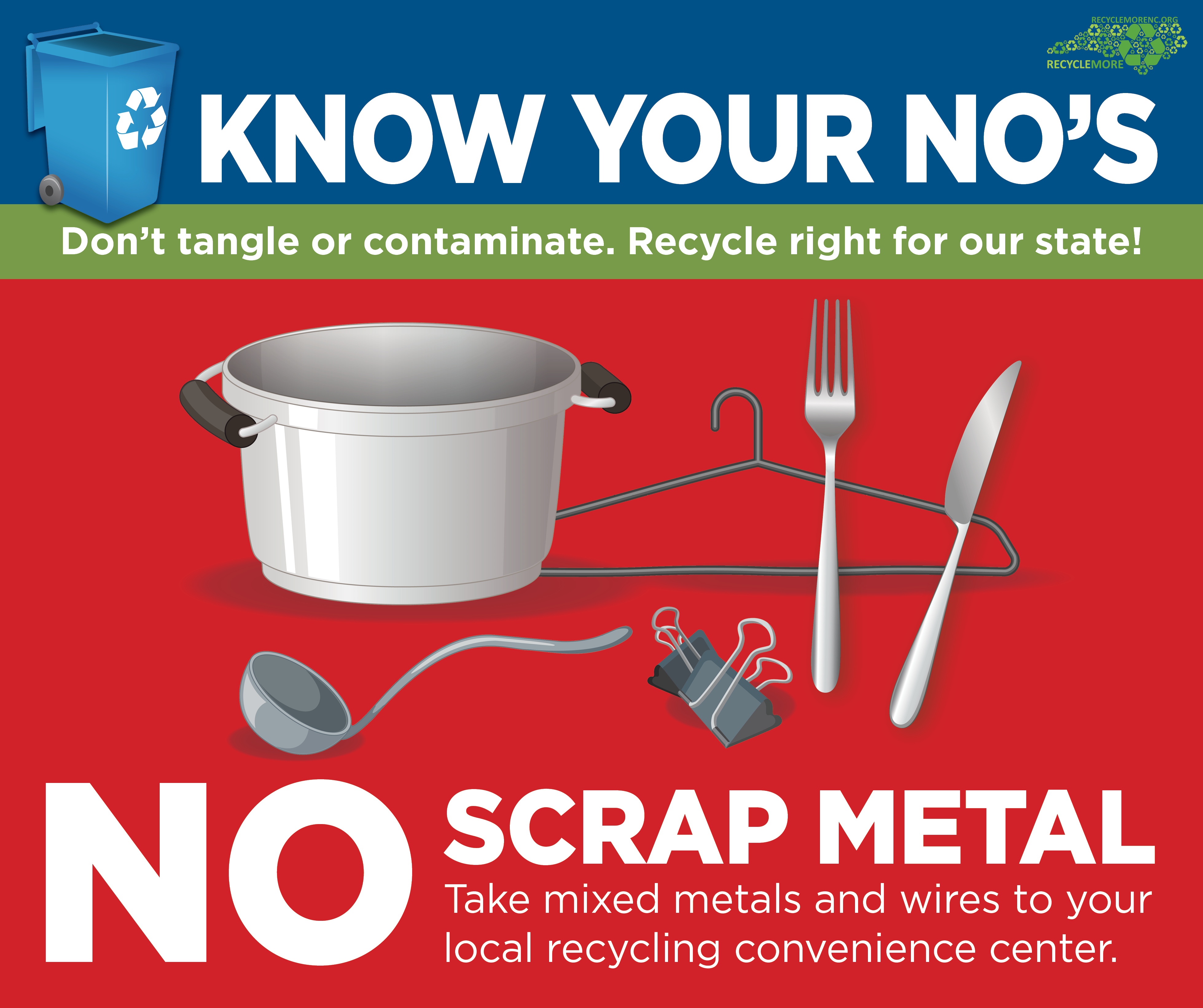Examples of scrap metal: pot, utensils, hanger, and paperclip
