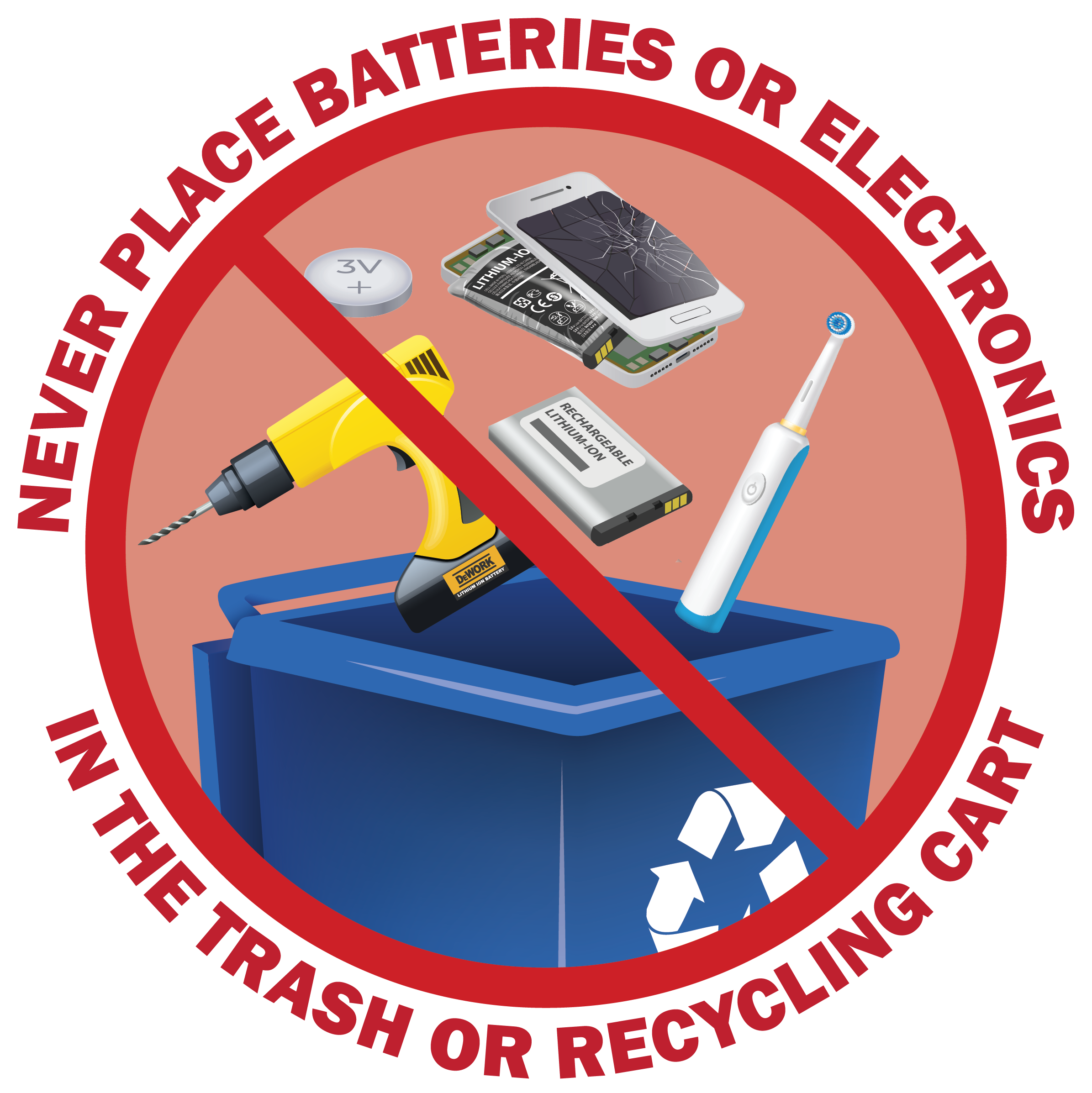 red slash over recycling cart with cell phone, electronic toothbrush, power drill, and batteries above