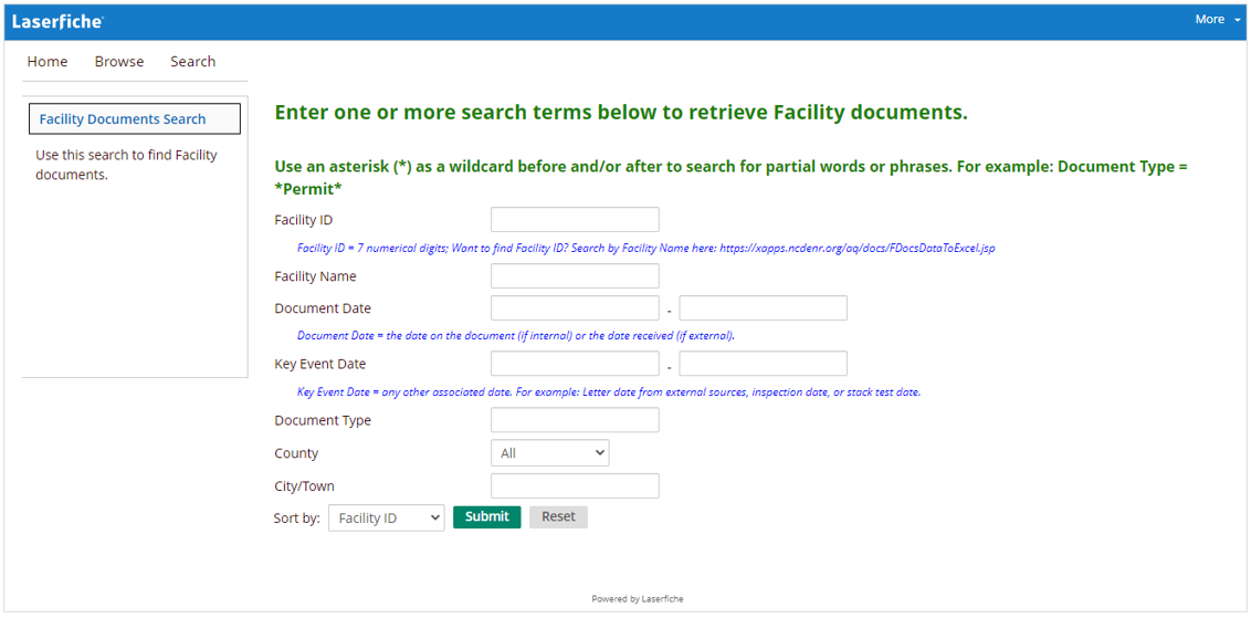 Laserfiche Facility Documents Search Page
