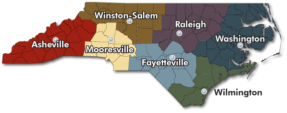 Map of north carolina outlining the 7 DEQ regional offices in Asheville, Winston-Salem, Mooresville, Raleigh, Fayetteville, and Wilmington.