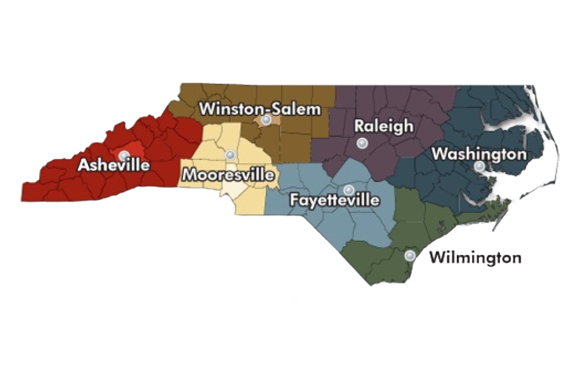 Map of north carolina outlining the 7 DEQ regional offices in Asheville, Winston-Salem, Mooresville, Raleigh, Fayetteville, and Wilmington.