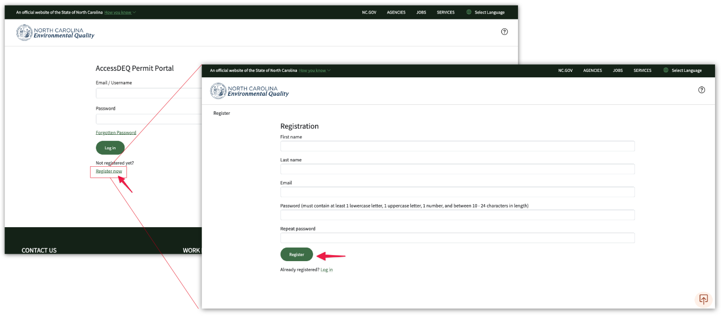A screenshot of the link to register with the AccessDEQ portal. 