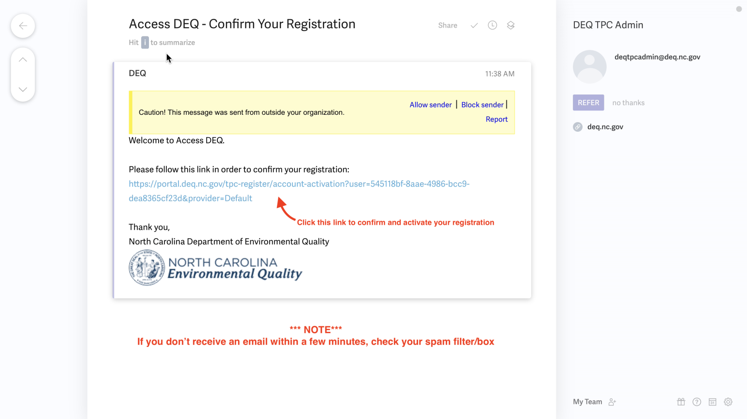 A screenshot of the link sent to your email to confirm your AccessDEQ registration.