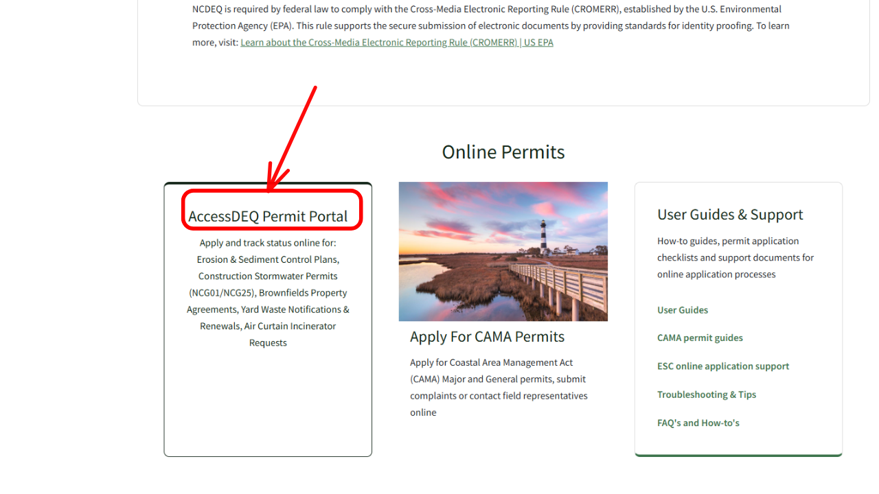 Screenshot of arrow pointing to AccessDEQ permit portal button.