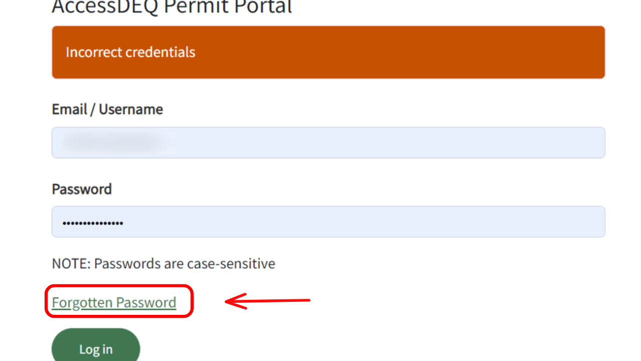 A screenshot of the "forgotten password link" you will need to select to reset your password.