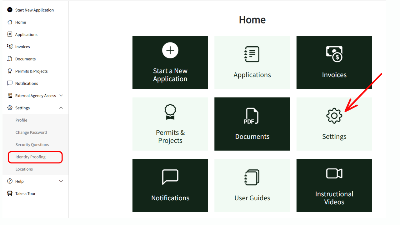 A screenshot showing how to get to the identity proofing section of the AccessDEQ portal. 