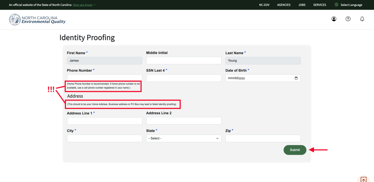 A screenshot of the verification form needed to fill out to complete the identity proofing process.