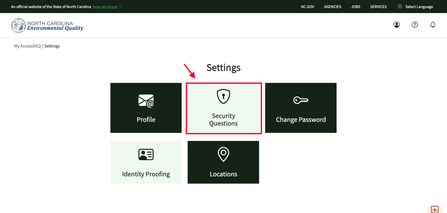 A screenshot of where to find the list of security questions to manage and/or change. 