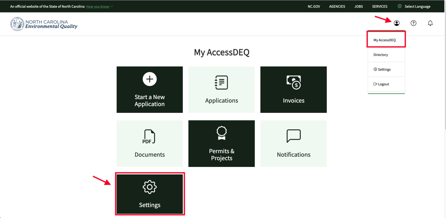 A screenshot of where to find your security questions in the AccessDEQ portal. 