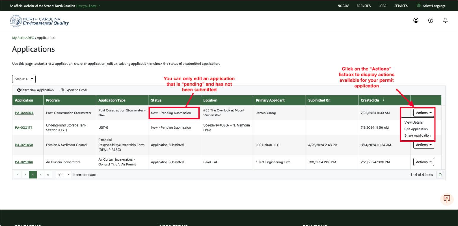  Screenshot showing how to navigate to edit an existing application in the AccessDEQ portal