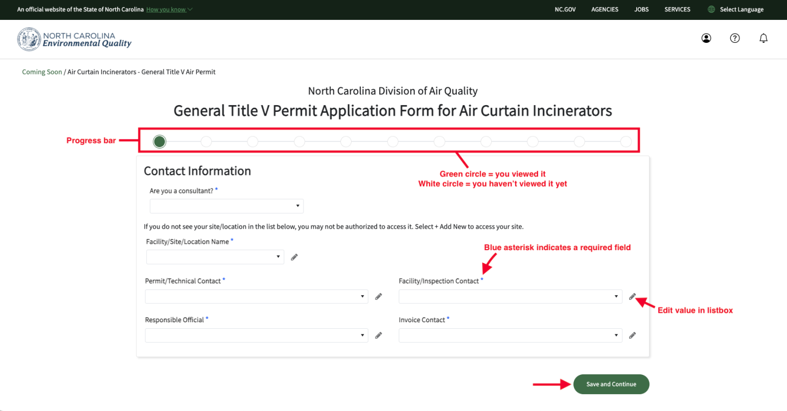 A screenshot of the white dots at the top of the screen that tracks your progress as you complete an application on the AccessDEQ portal