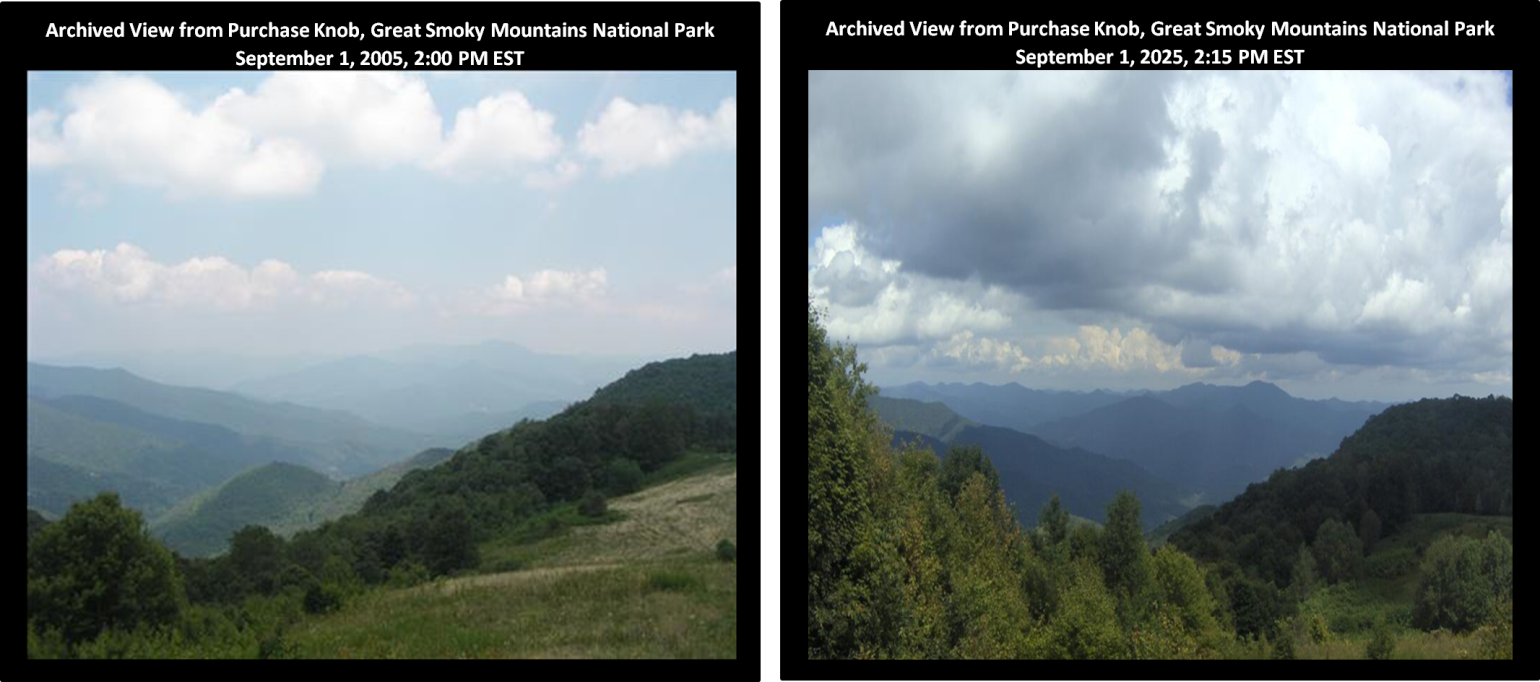 Two side-by-side images of the view at Purchase Knob. You can see much farther in the 2025 image than the 2005 image. 