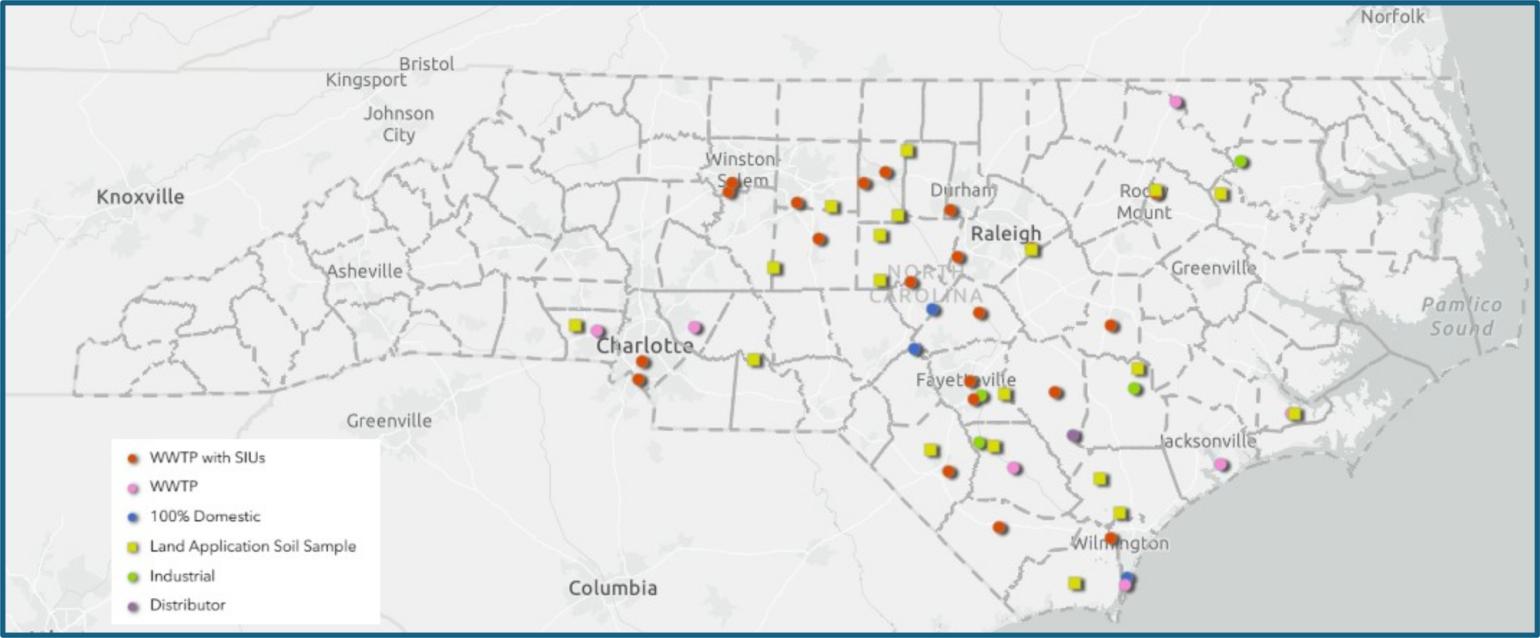 map of North Carolina sample locations for biosolids study