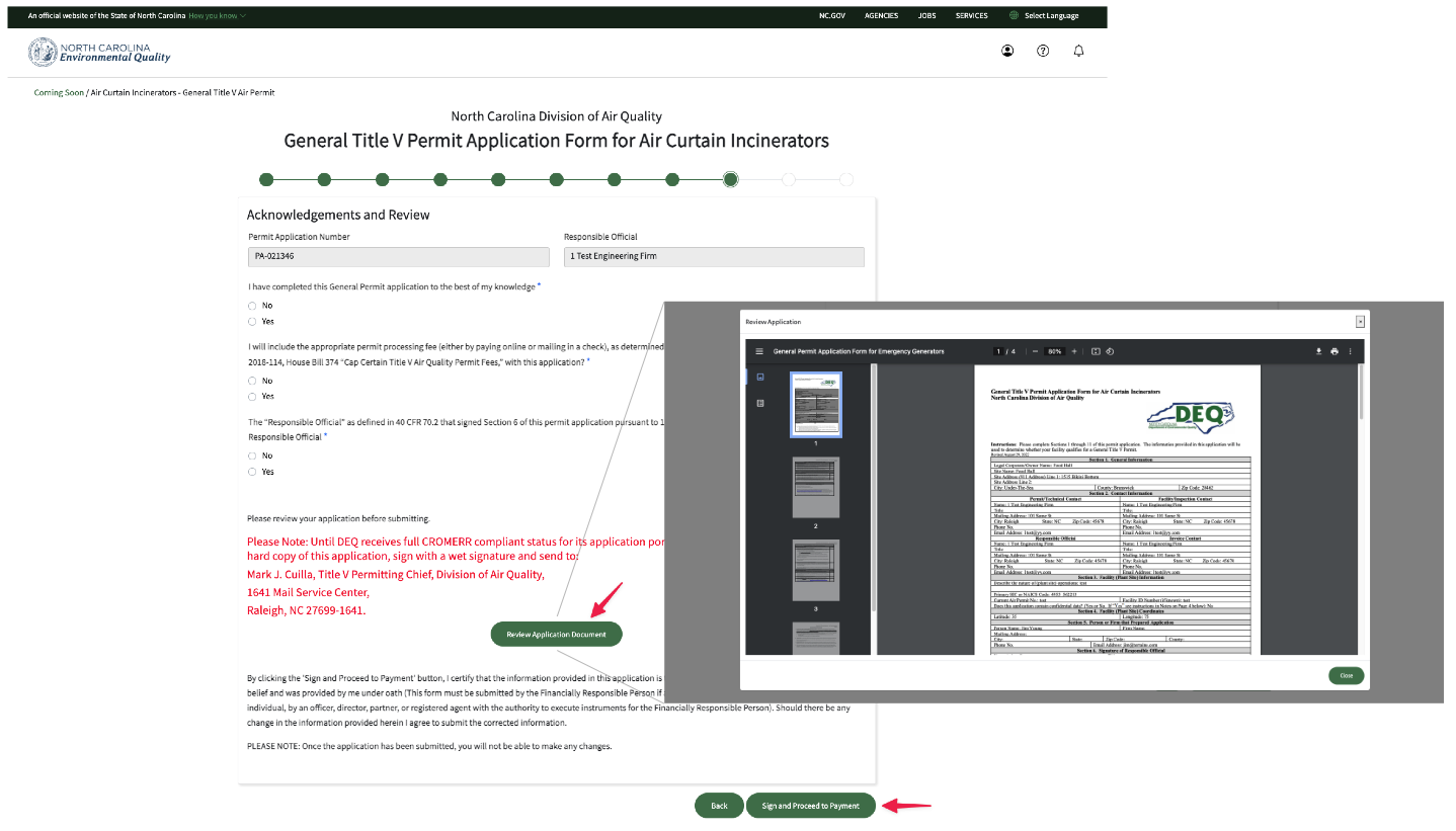A screenshot of an application before you hit submit, showing the option to review the completed application as a PDF before submitting. 