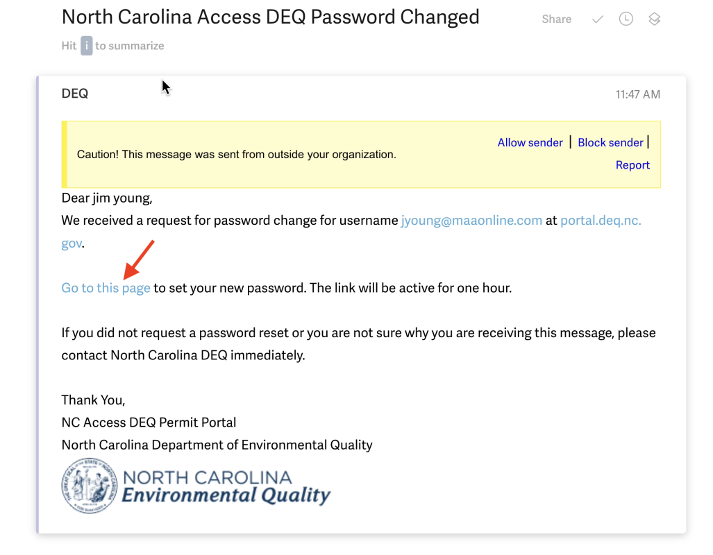 A screenshot of the email you receive when you reset your password in the AccessDEQ portal