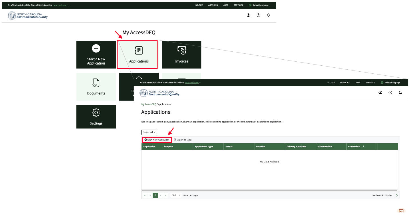 A screenshot of where to find another way to start a permit application in the AccessDEQ portal