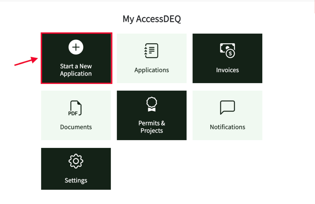 A screenshot of where to find the button to start a permit application from the home screen in the AccessDEQ portal