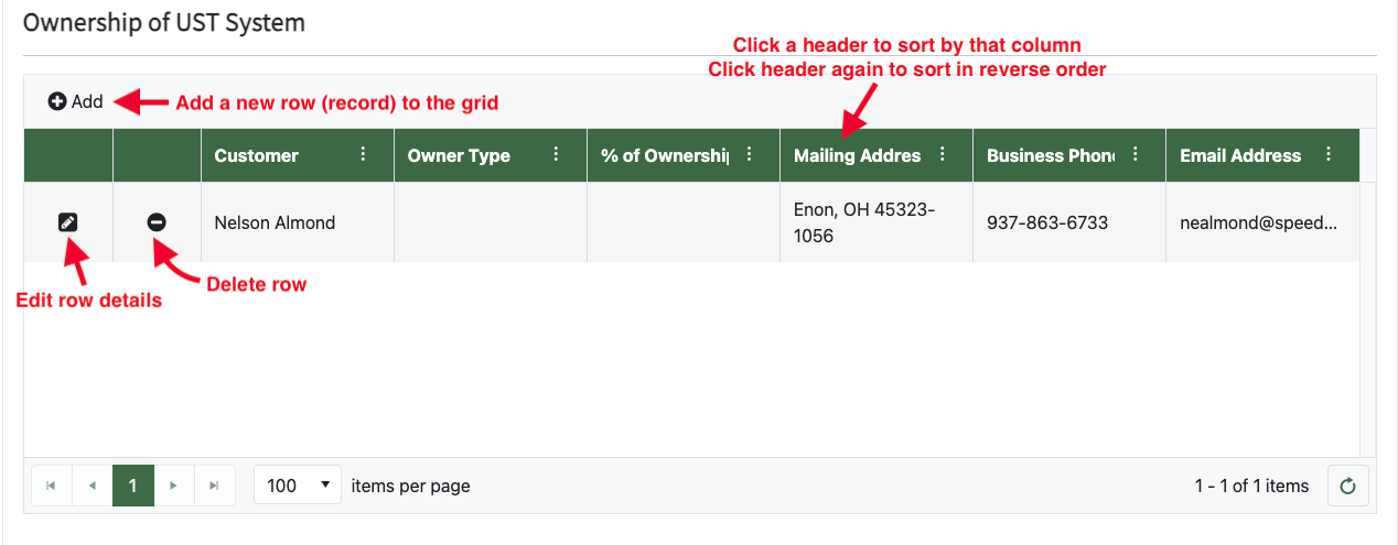 A screenshot of the table grid 