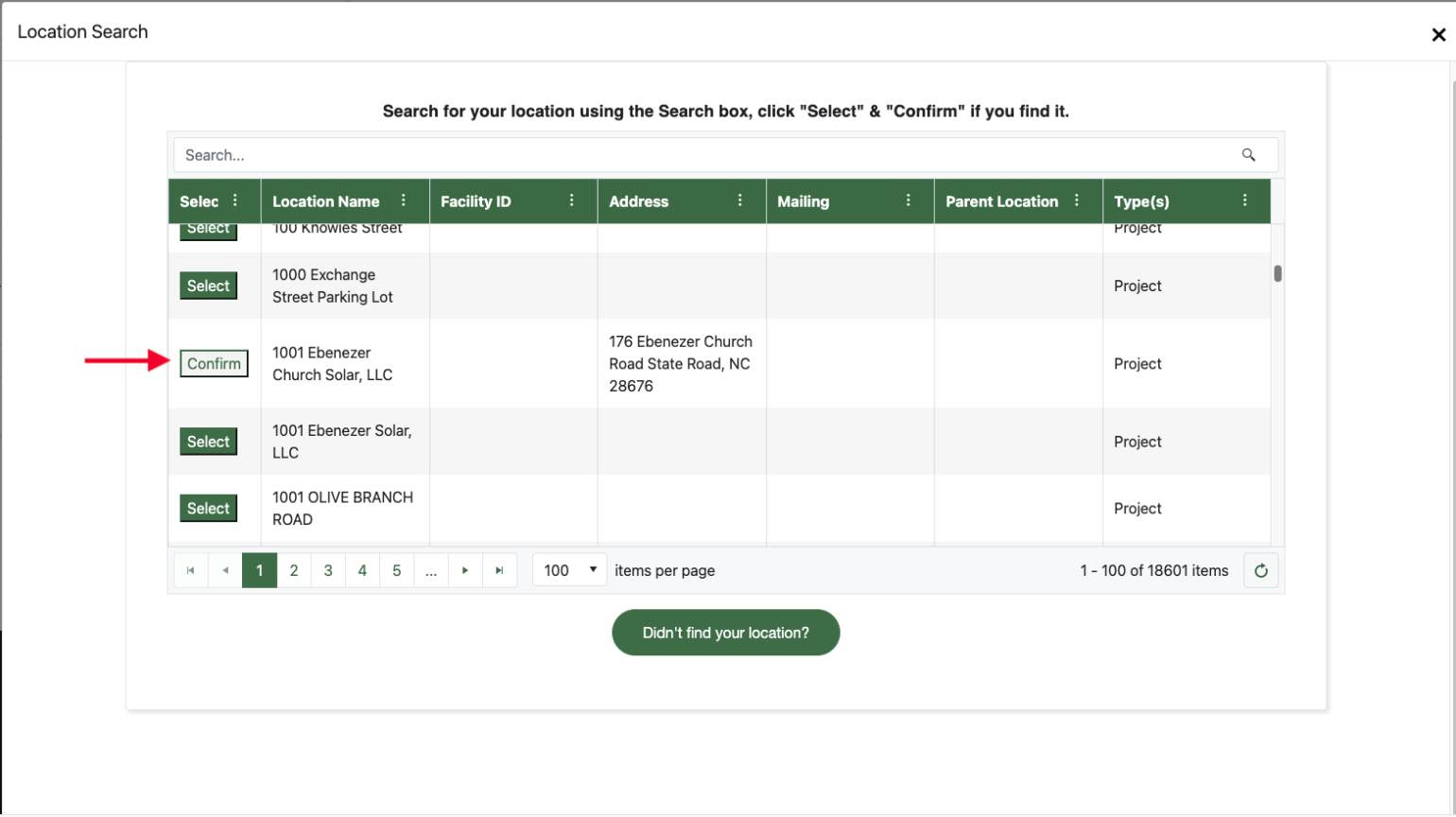 A screenshot of where to select and confirm the new location you want to add.