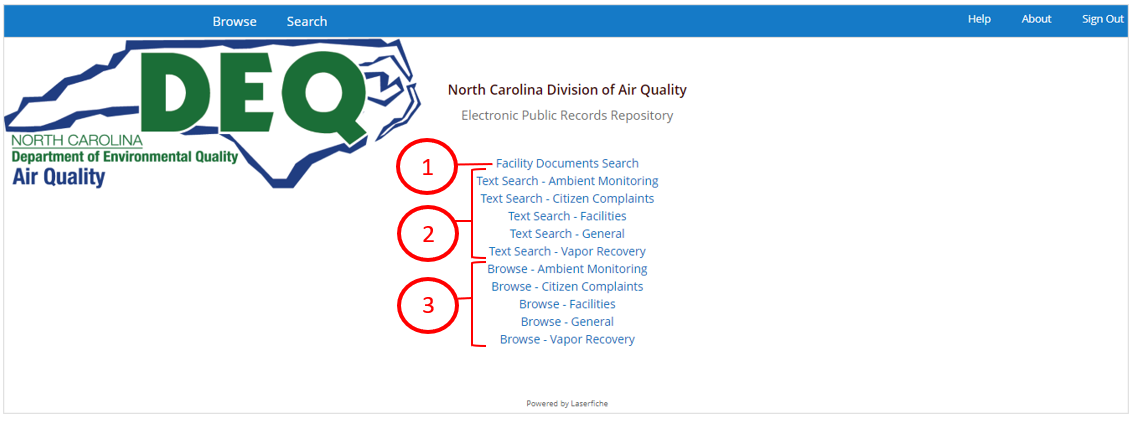 Screenshot of the front page of Air Quality's Laserfiche repository, showing links for facility documents, text search, and browsing.