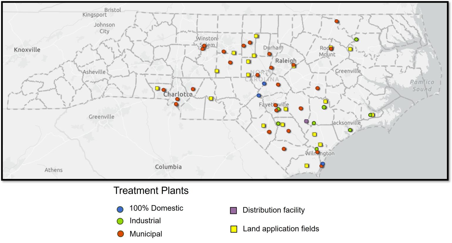 map of North Carolina sample locations for biosolids study