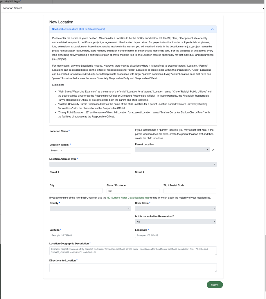 A screenshot showing the form fields for adding a new location in the AccessDEQ system
