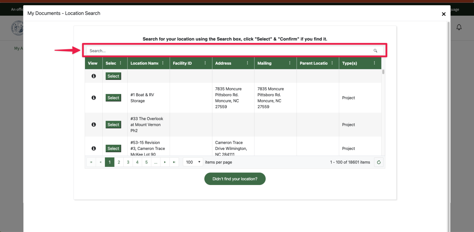 A screenshot of where to search for the new location inside an application in the AccessDEQ Portal