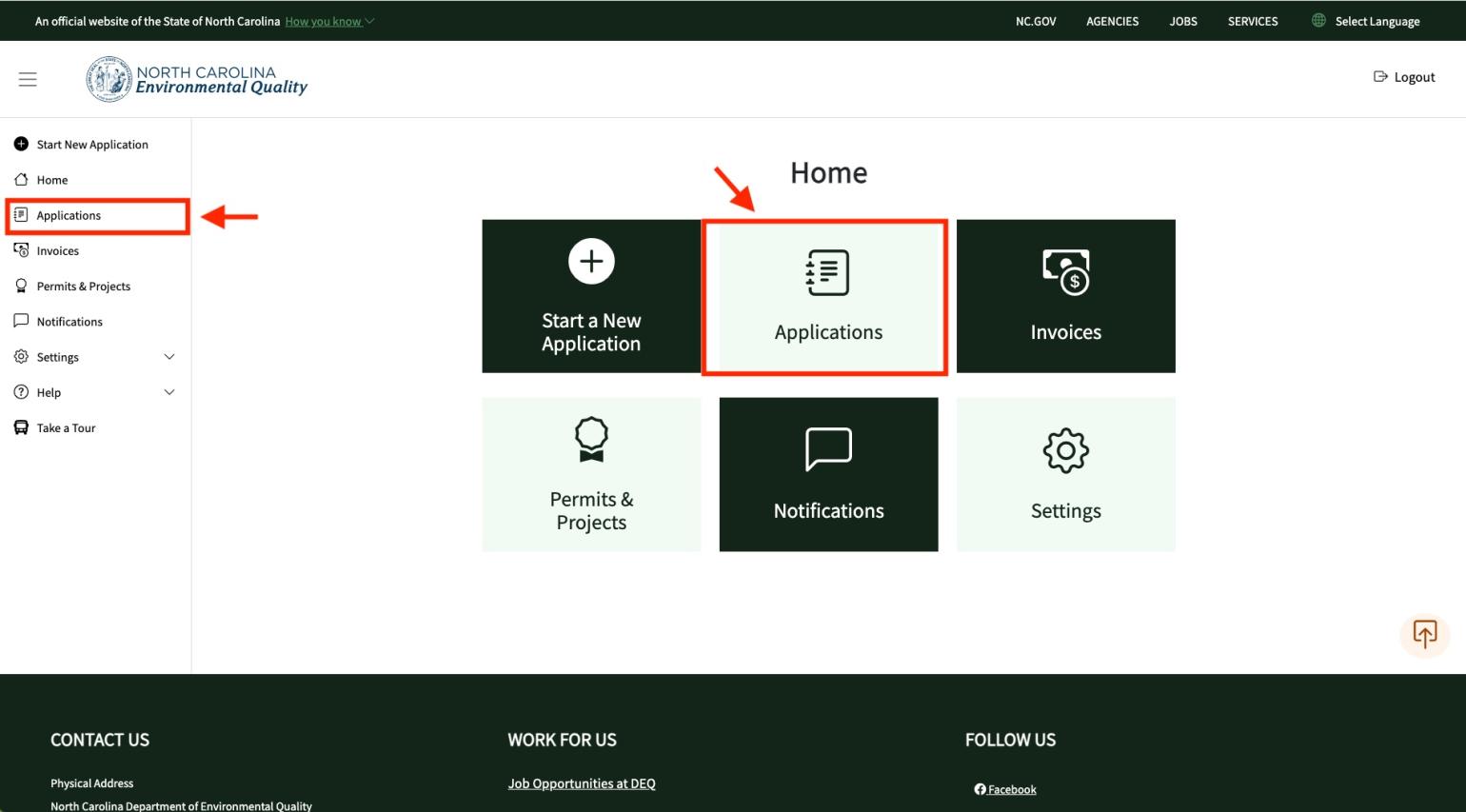 A screenshot of where to find the applications tab and menu in the AccessDEQ Portal.