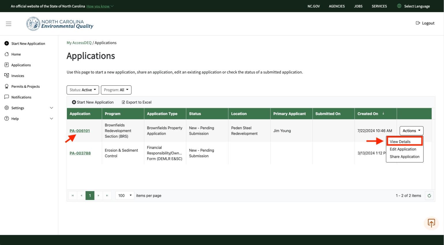 A screenshot of where to find the view details button under the actions tab and where to find the application number hyperlink 