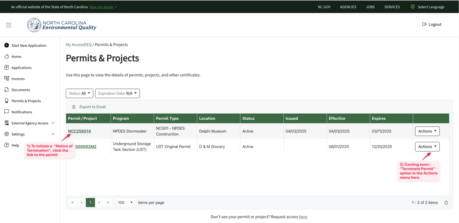 A screenshot of where to find the permit record and Actions menu in the AccessDEQ portal