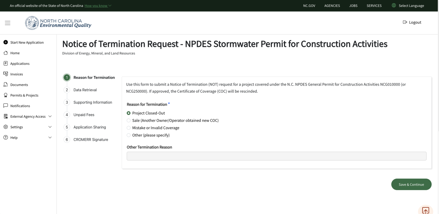 A screenshot of the 6 steps to follow in the form stepper