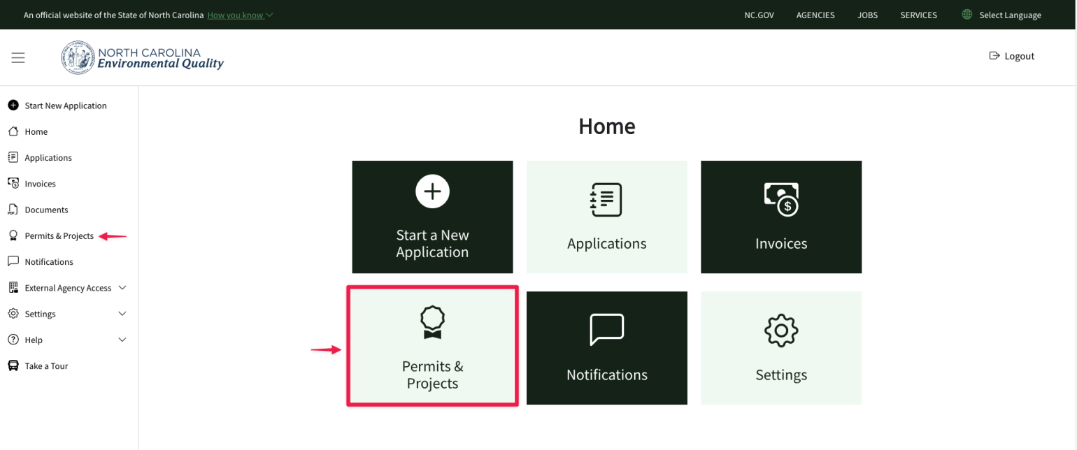 A screenshot of where to find the permits and projects menu in the AccessDEQ Portal