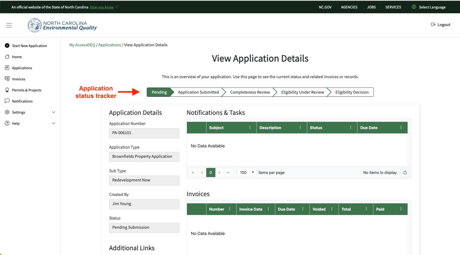 A screenshot of the application status tracker